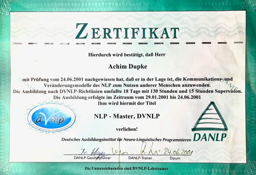 Zertifikat Neuro-Linguistisches Programmieren (Achim Dupke)