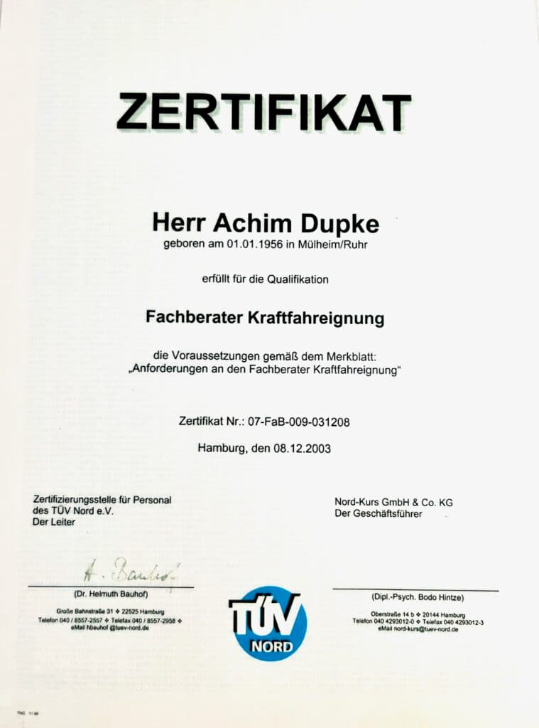 Zertifikat TÜV Nord – Fachberater Kraftfahreignung (Achim Dupke)