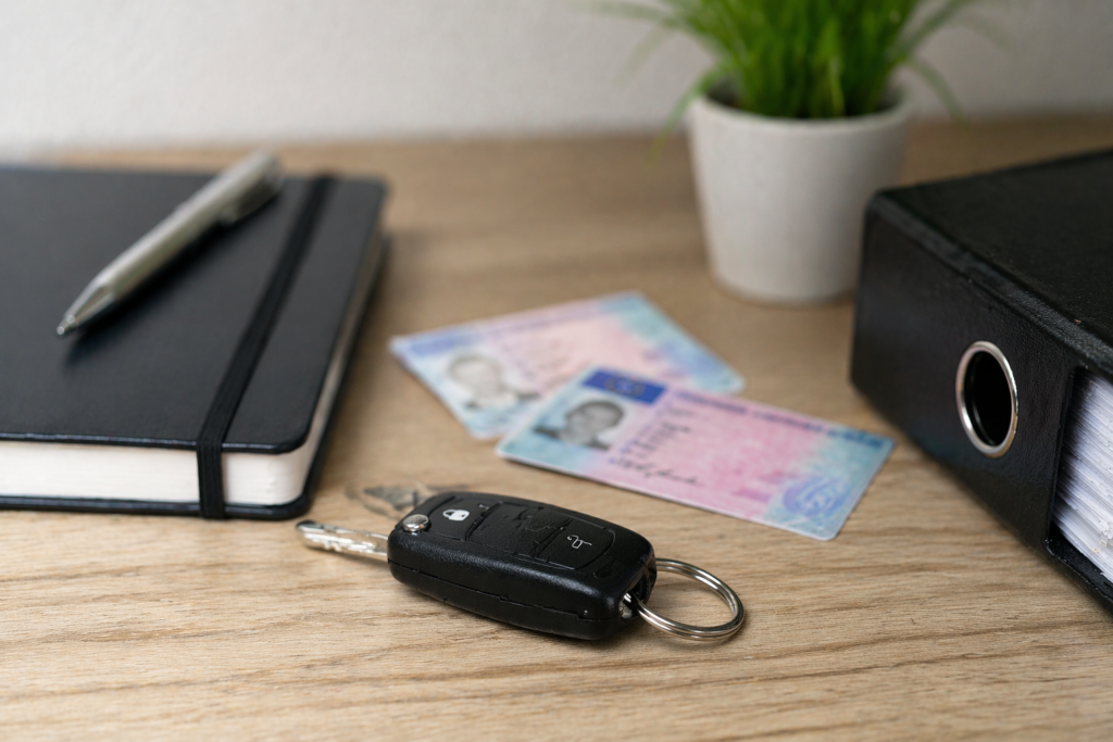 Autoschlüssel auf Tisch neben Führerschein
