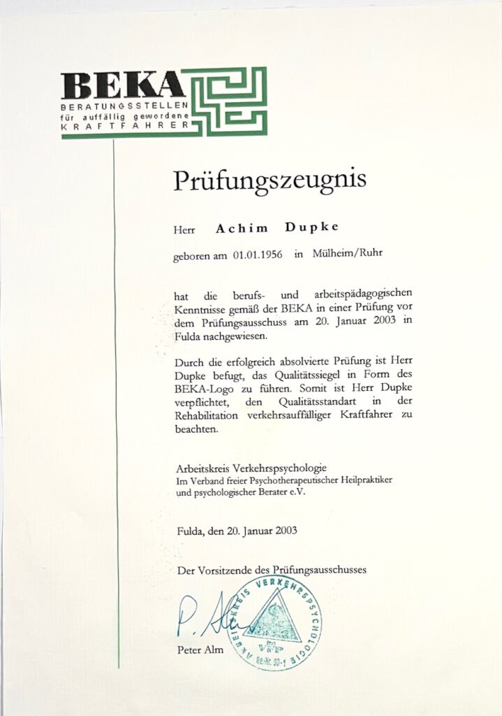 Prüfungszeugnis BEKA Achim Duoke