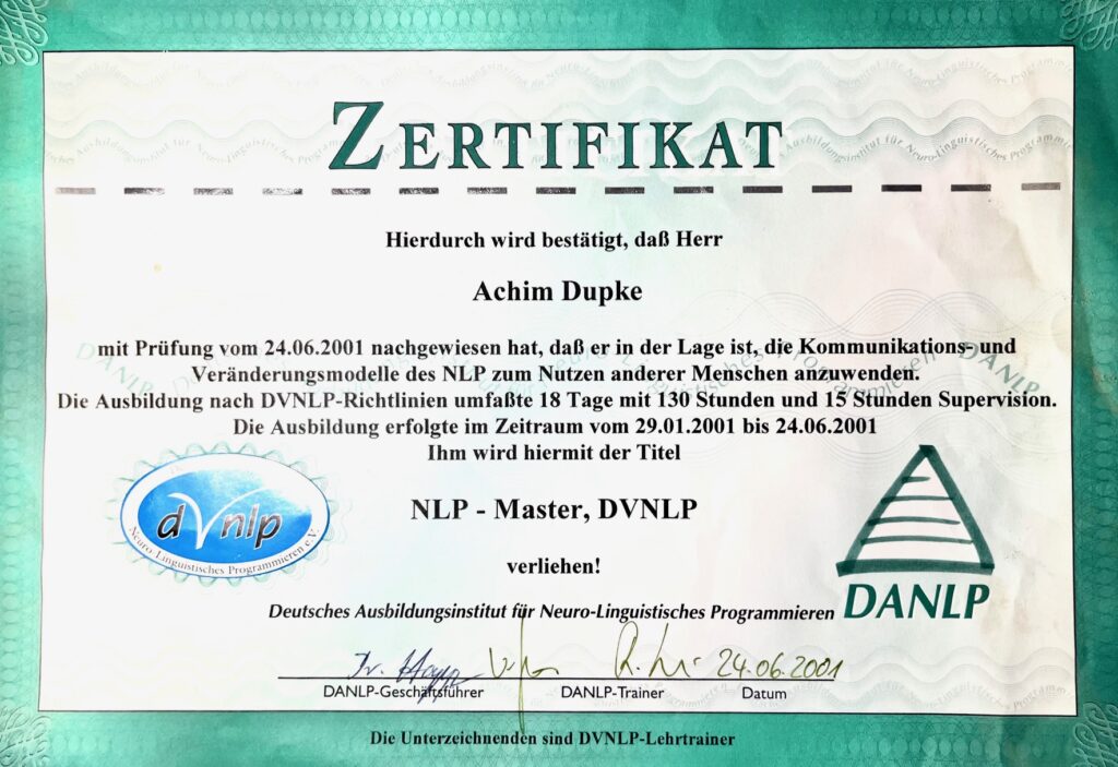 Zertifikat Neuro-Linguistisches Programmieren Achim Dupke