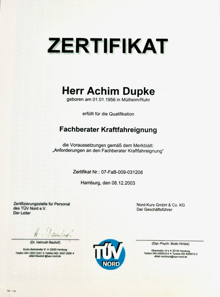 Zertifikat TÜV Nord Achim Dupke - Fachberater Kraftfahreignung